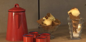 Sorvete de milho com farofa doce e pé de moleque de carne moída